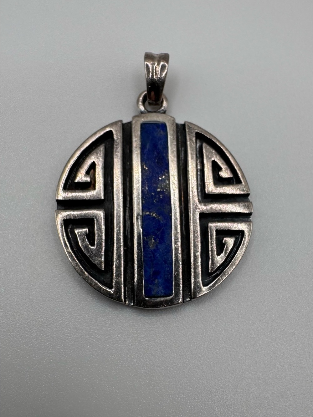 Rare Vintage Sterling Silver Lapis Inlay Round Pendant - Blue